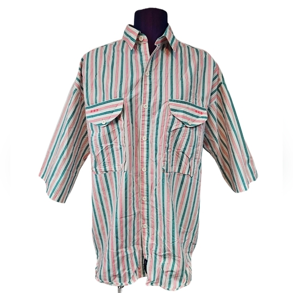 Vintage 80s Columbia Neon Striped Radical Sleeve Button Front Shirt Large J65 - Picture 12 of 13